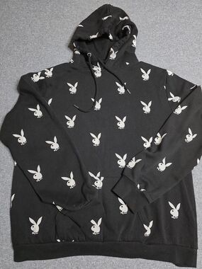 Playboy All-Over Bunny Logo Print Black Hoodie - Size Large